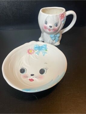 Vintage Hirts Japan Anthropomorphic Mug and Bowl Childs Cereal Bowl Cup
